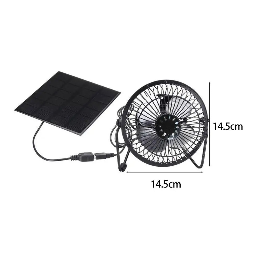 Small black fan with solar panel and measurements on a white background