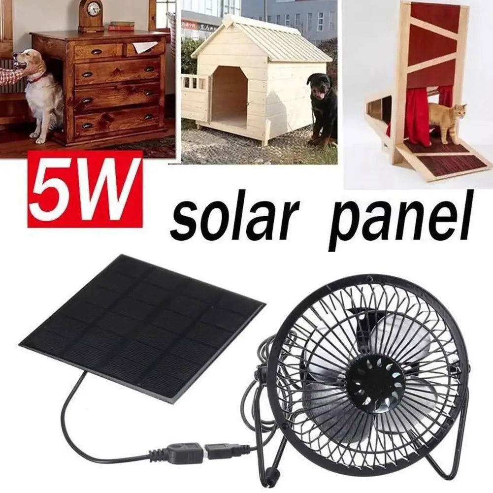 Solar panel and fan with text '5W solar panel' on a white background