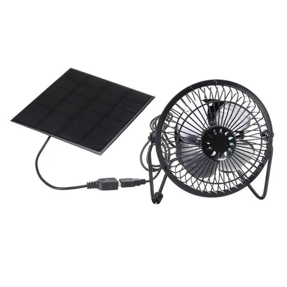 Black portable fan with solar panel on a white background