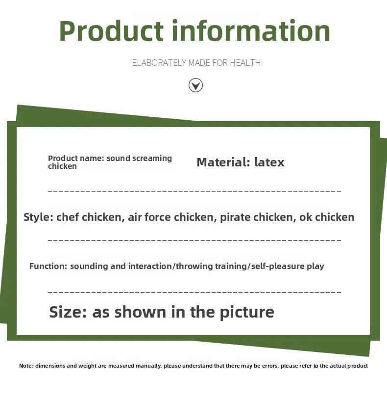 Product information card for a sound-screaming chicken toy with details on material, style, function, and size.