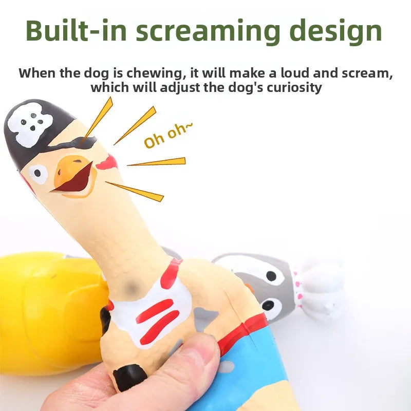 Dog toy with a built-in screaming design, held by a hand.
