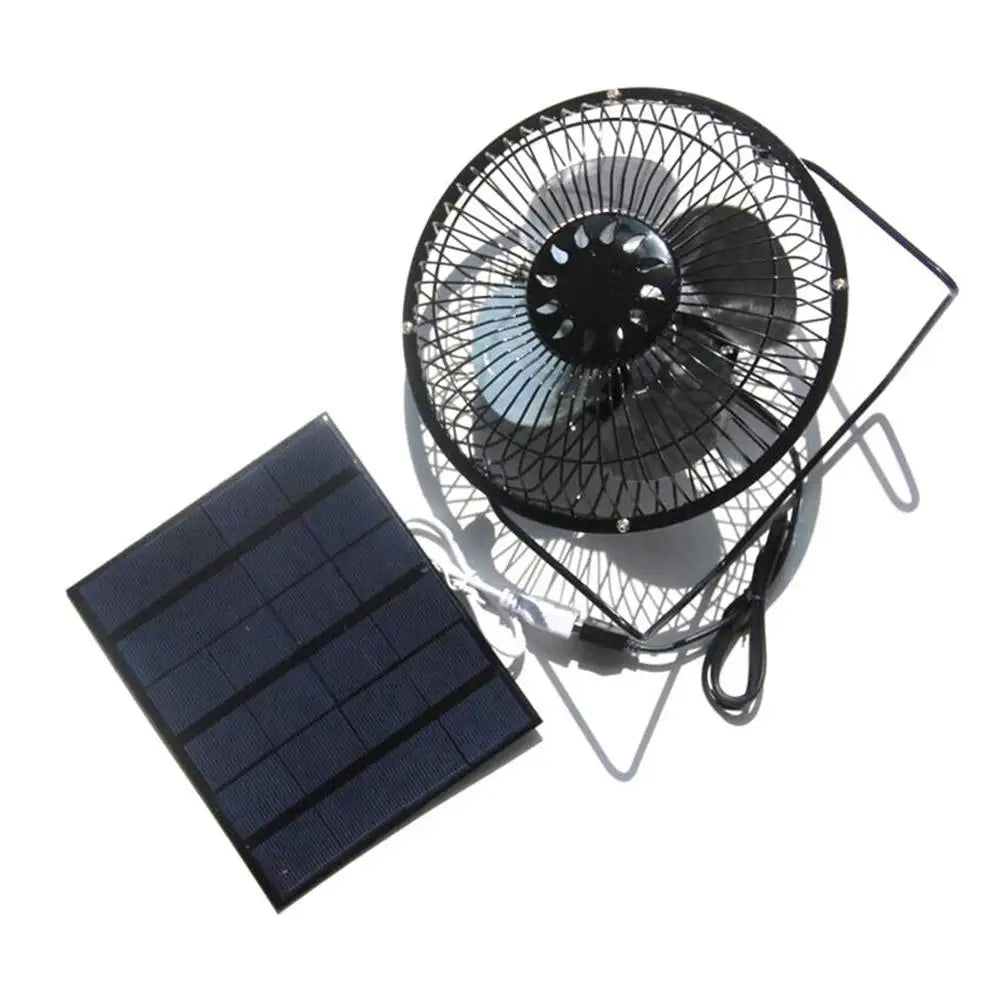 Black portable fan with solar panel on a white background