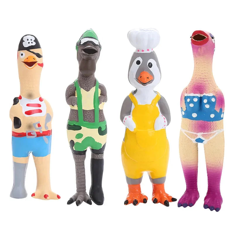 Four colorful toy figures in different outfits on a white background