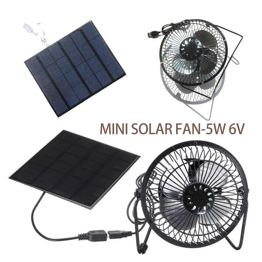 Mini solar fan with two solar panels on a white background