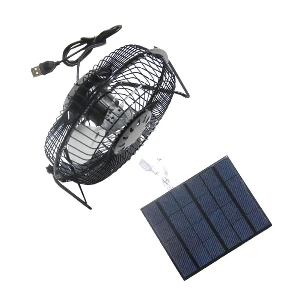 Solar-powered fan with attached solar panel on a white background