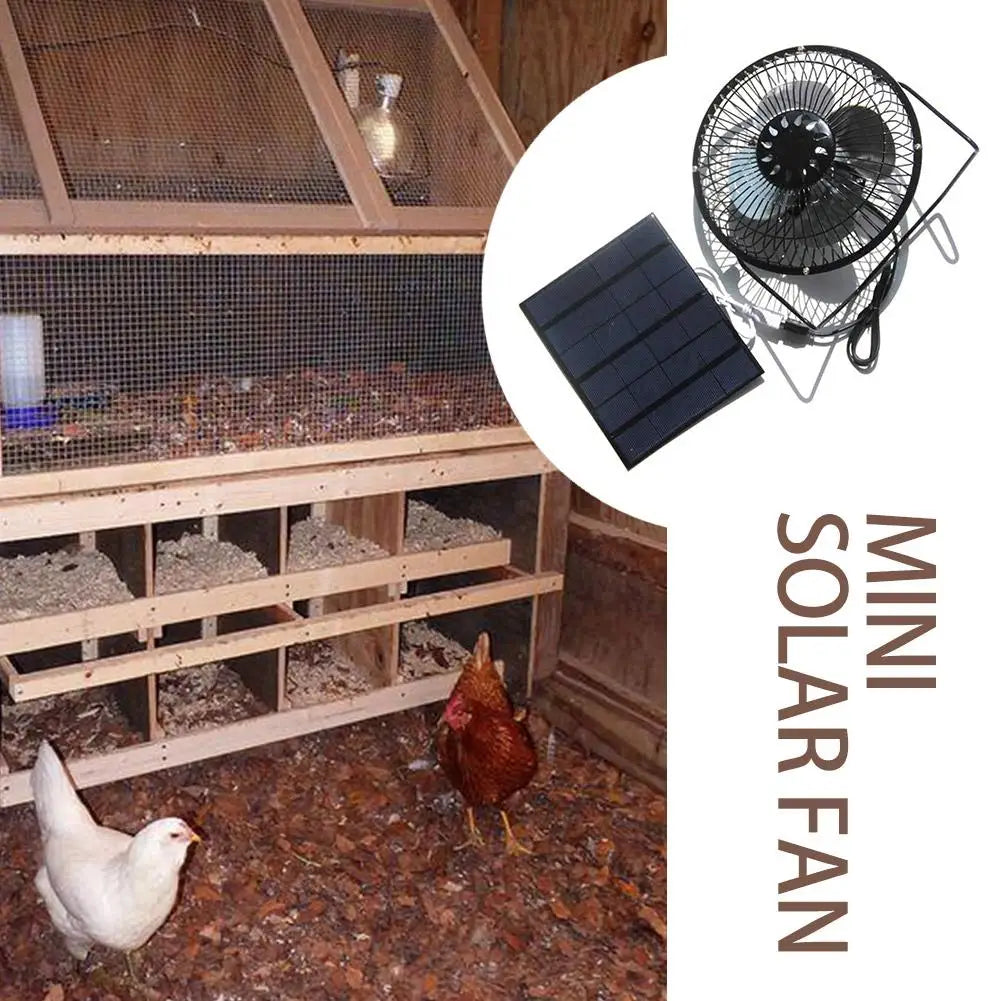 Hens in a coop with a mini solar fan and its components displayed.