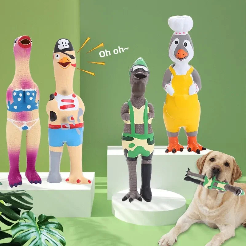 Four animated duck toys in different outfits on a green background with a dog playing with one of them.